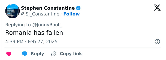 Tweet stating &ldquo;Romania has fallen&rdquo; with reply, copy link, and date options visible.