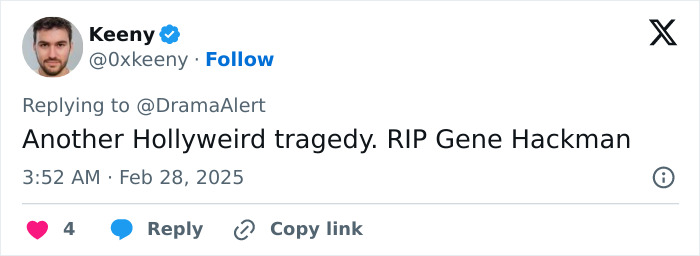 Tweet discussing Gene Hackman, mentioning a tragedy and expressing sadness.