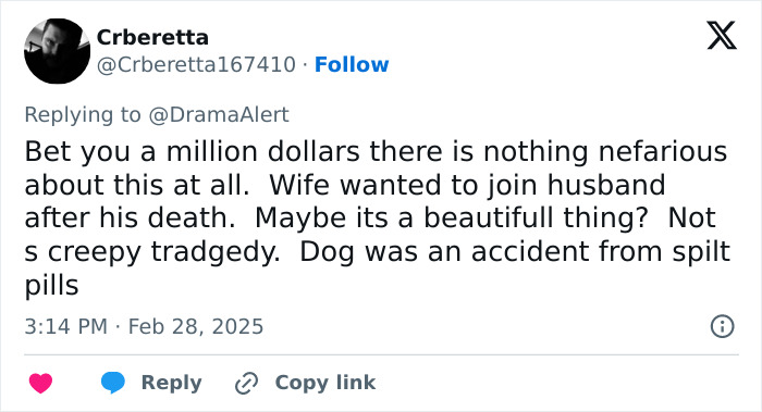 Tweet by Crberetta discussing thoughts on an incident, referencing the survival of a dog related to Gene Hackman investigators.