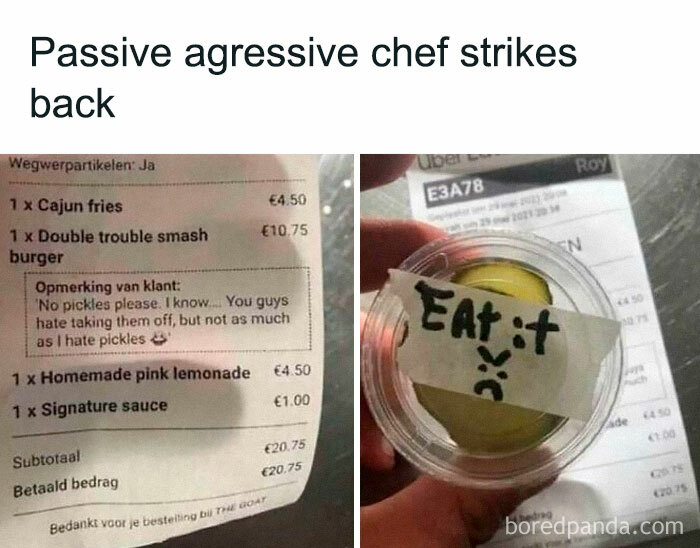 Cooking meme showing a customer request to remove pickles and a chef's playful response with a pickle labeled "Eat it."