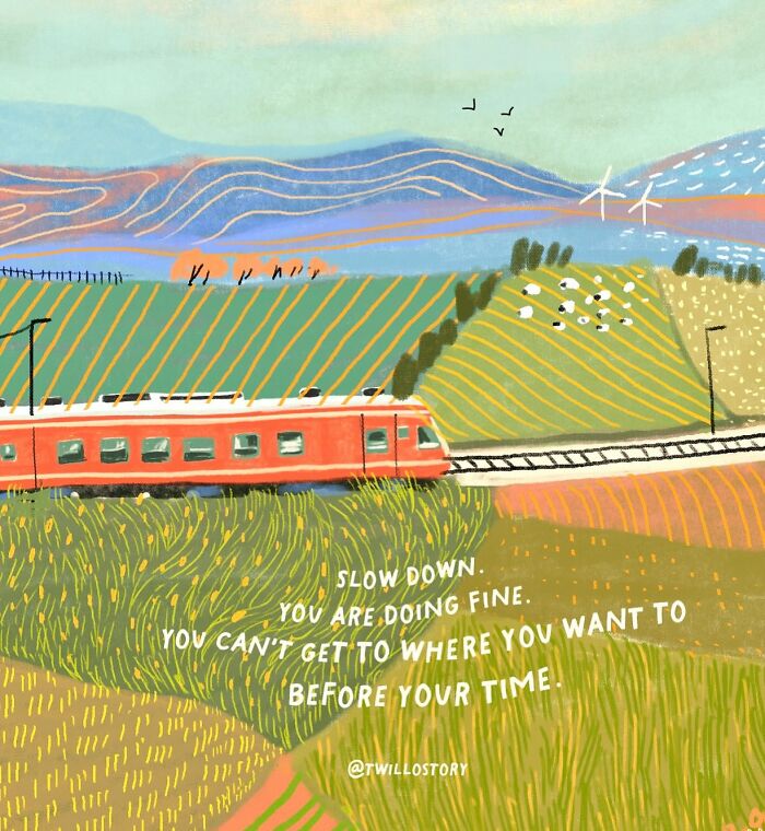 Illustration of a train in a colorful landscape with text promoting mental wellness and positivity.