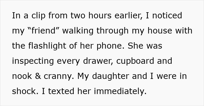 Text on a screen describing a woman using a phone flashlight to inspect a friend’s house while she is away.