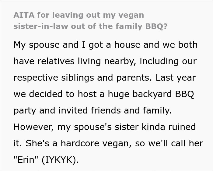 Text about vegan sister-in-law causing tension at family BBQs.