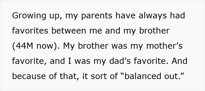 Text discussing parental favoritism between siblings, highlighting a brother favored by the mother and a sister by the father.