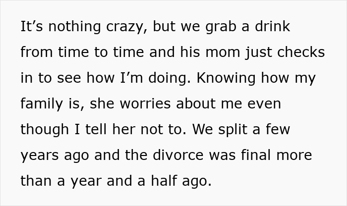 Text recounting a woman's interaction with her ex-boyfriend's mother post-split.