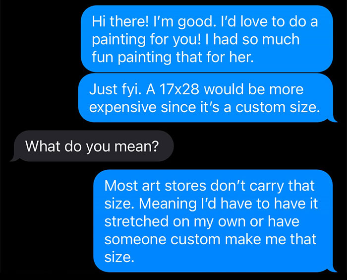 Text conversation about painting cost and custom size with an influencer.