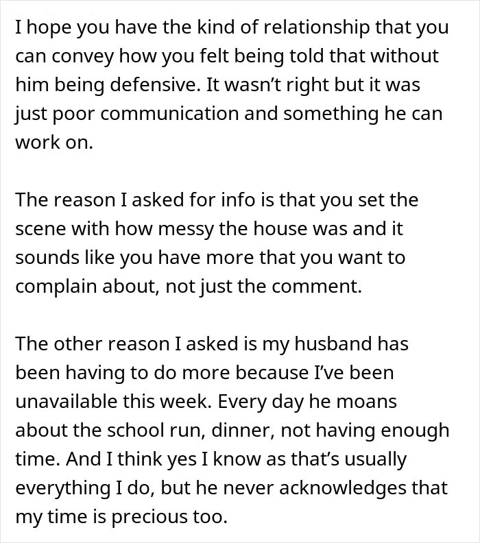 Text discussing relationship dynamics and communication after surgery, mentioning chores and time management concerns.