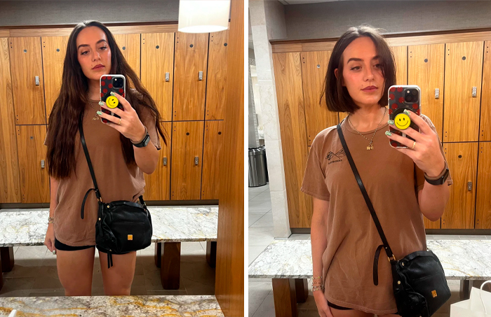 Woman shows off a dramatic haircut transformation in a locker room mirror selfie.