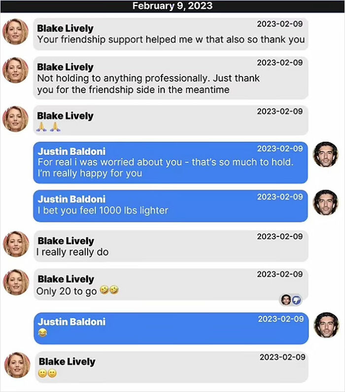 Chat exchange between Blake Lively and Justin Baldoni, discussing friendship and emotional support.