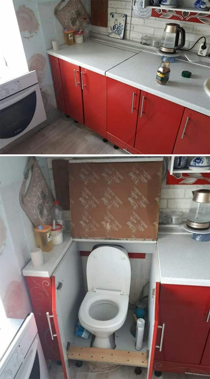 Red kitchen cabinets open to reveal a hidden toilet, showcasing architecture shaming design.