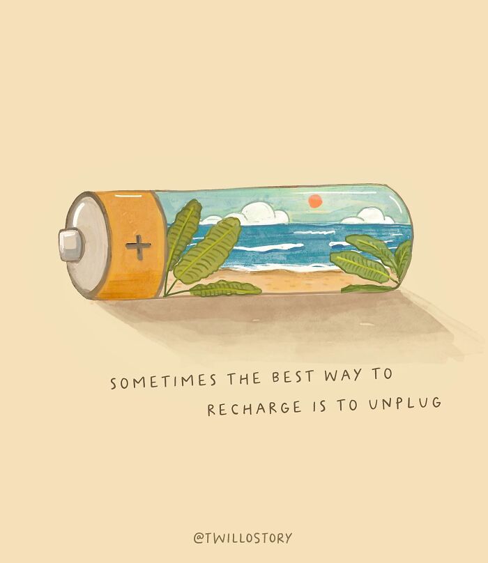 Illustration of a battery depicting a serene beach scene, promoting mental wellness and positivity with the message to unplug.