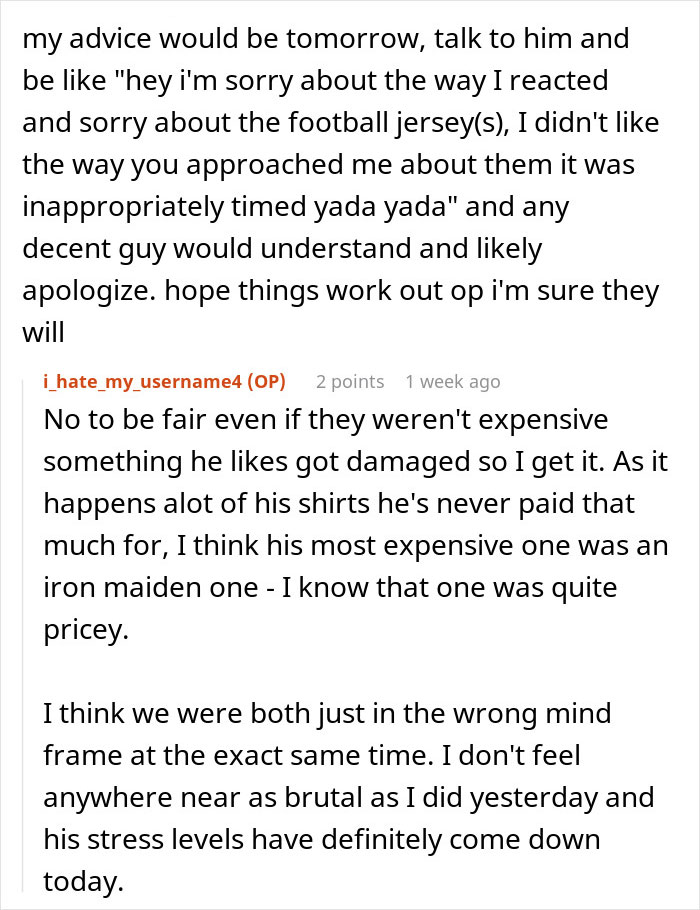 Reddit comments discussing handling relationship tensions after surgery, focusing on laundry and damaged shirts.