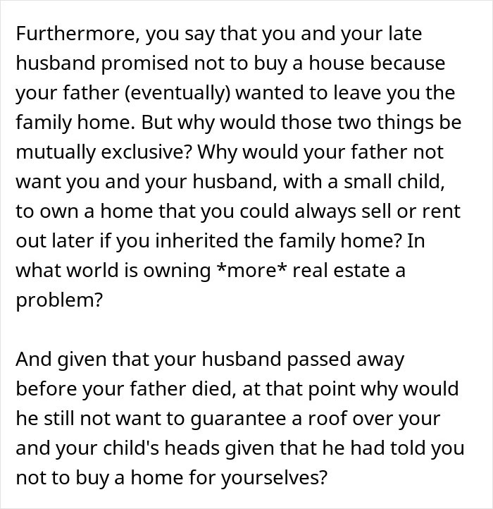 Text questioning inheritance decisions and family property dynamics.