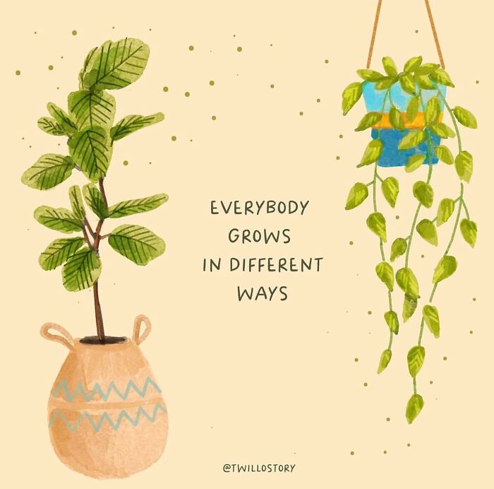 Illustration of plants with the message &ldquo;Everybody grows in different ways&rdquo; promoting mental wellness and positivity.