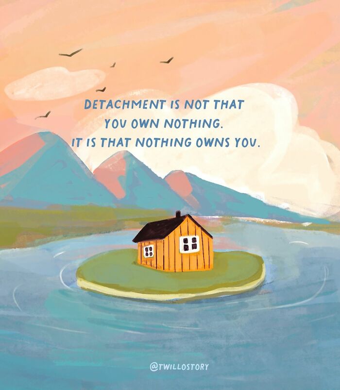 Illustration of a small house on an island with text about detachment, promoting mental wellness and positivity.