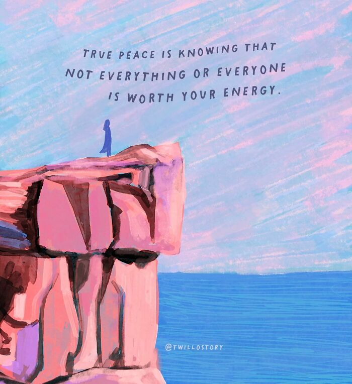 Illustration of a person on a cliff with a quote about peace and mental wellness, set against a colorful sky and sea.