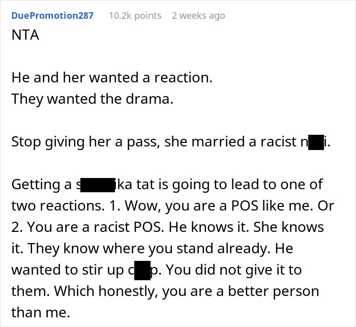 Reddit post discussing the reaction to an offensive tattoo revelation.