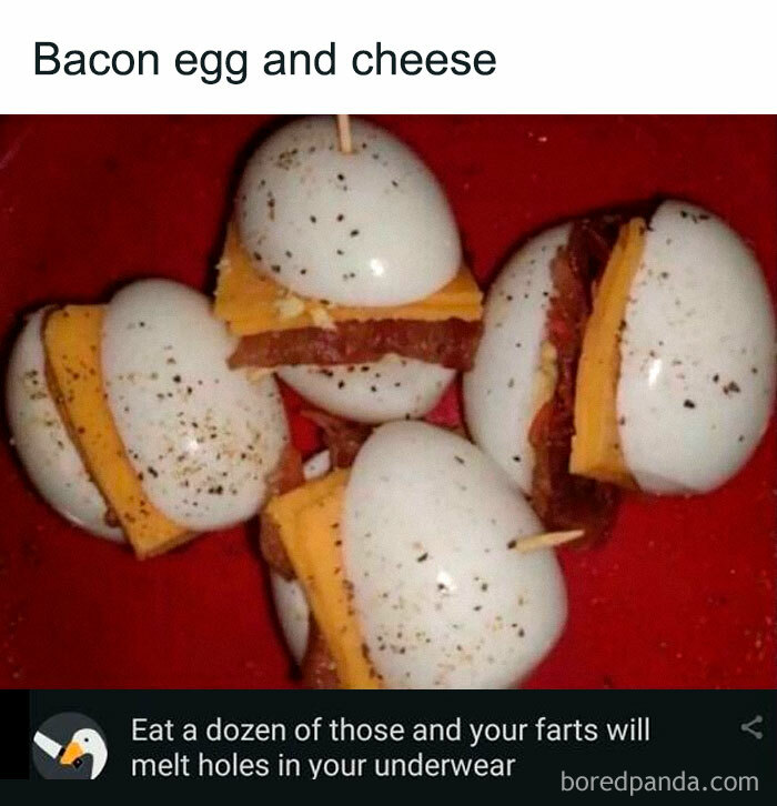 Peppered eggs with cheese and bacon, humorously labeled, for cooking meme enthusiasts.