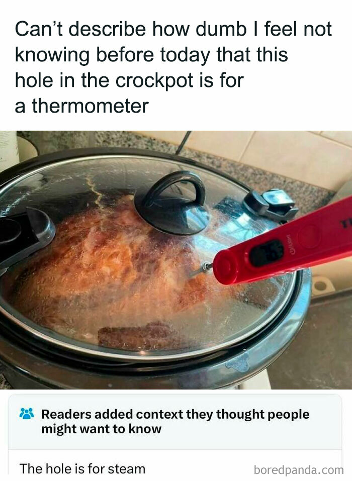 Thermometer in crockpot lid hole, funny cooking meme.