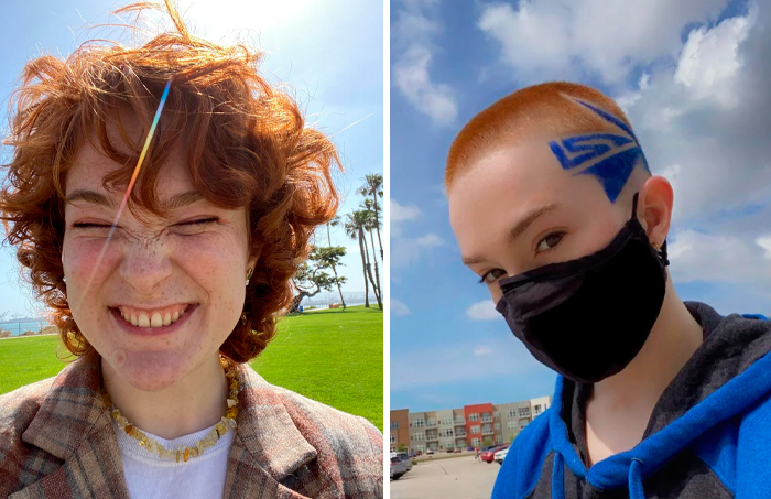 People smiling outdoors with transformed haircuts, one with short curls, the other with a shaved design, embracing new styles.