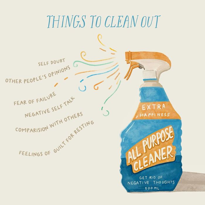 Illustration of a spray bottle labeled &ldquo;All Purpose Cleaner&rdquo; symbolizing mental wellness and positivity.