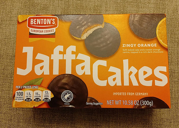 Box of Benton's European Jaffa Cakes, Zingy Orange flavor, showcasing cultural food variety from Europe.