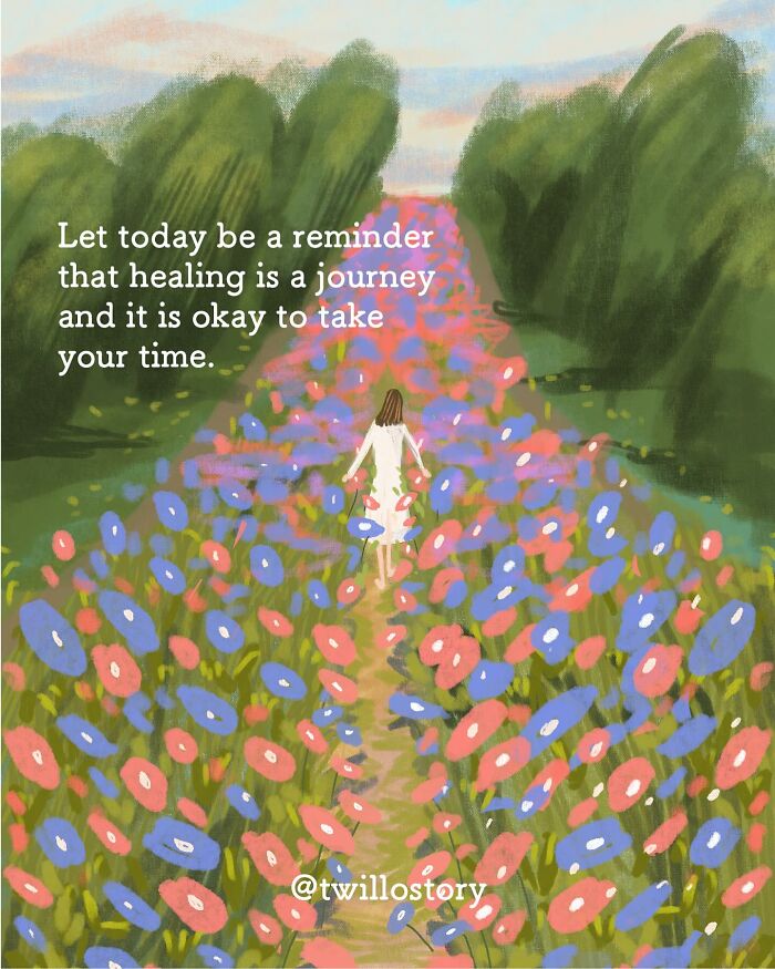 Illustration for mental wellness: person walking through colorful flower path with a positive message about healing.