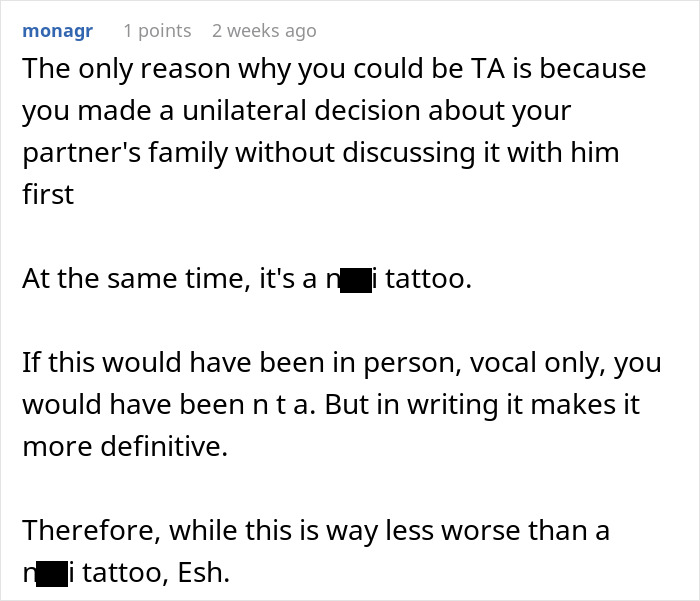 Comment discussing offensive tattoo and communication issues with partner's family.