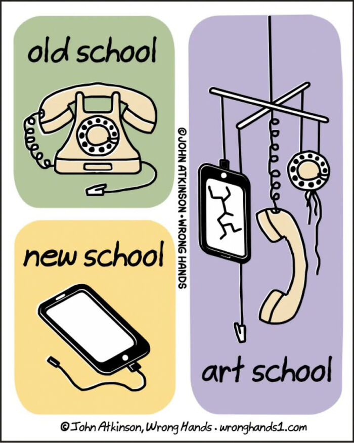 Comic by John Atkinson showing &ldquo;old school&rdquo; rotary phone, &ldquo;new school&rdquo; smartphone, and &ldquo;art school&rdquo; mobile sculpture.