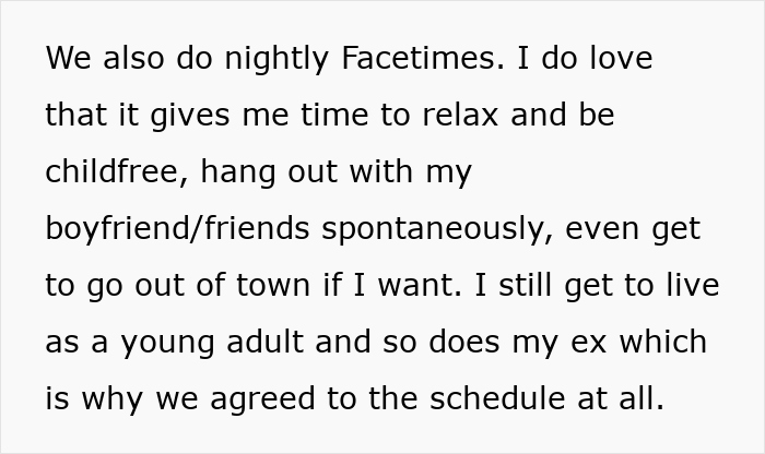 Text screenshot about a woman's thoughts on enjoying personal time and flexibility through scheduled Facetimes.