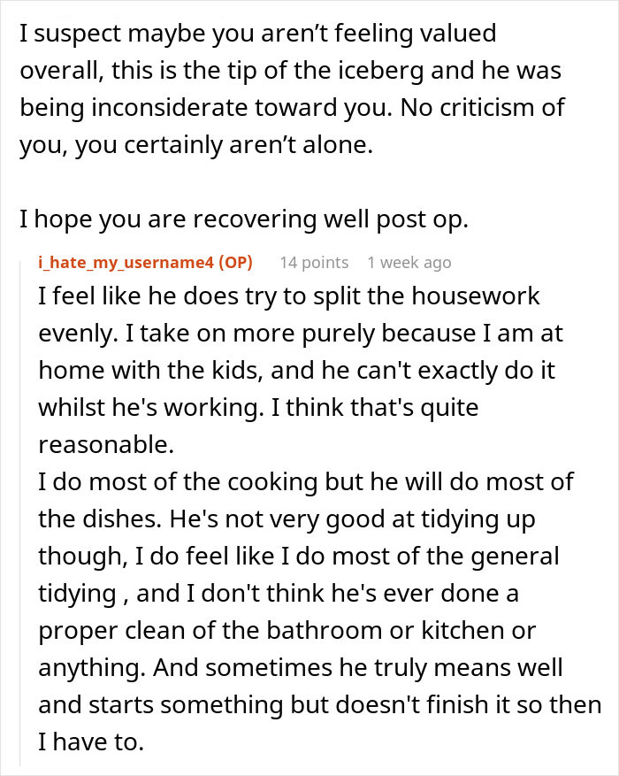 Reddit discussion about feeling undervalued after surgery, with comments on housework and post-op recovery.