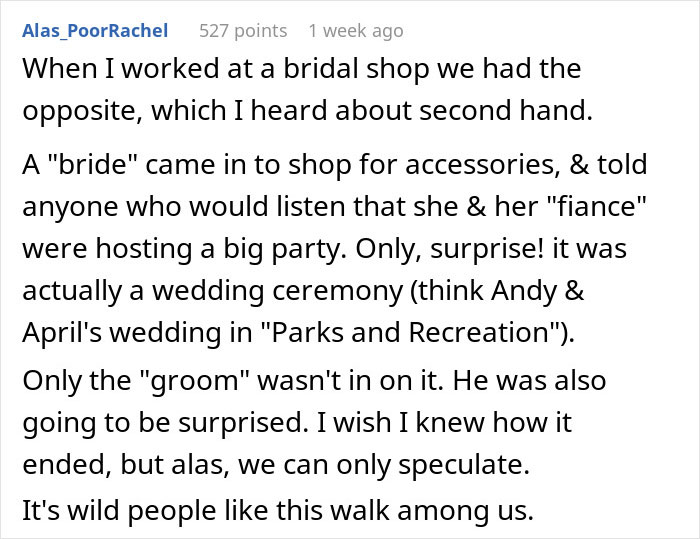 Text post about a woman planning a surprise wedding without the groom knowing, mentioned in a bridal shop story.