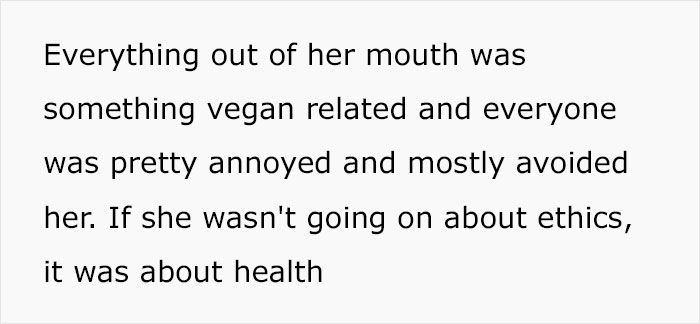 Text snippet about vegan-related discussions causing annoyance at family events.