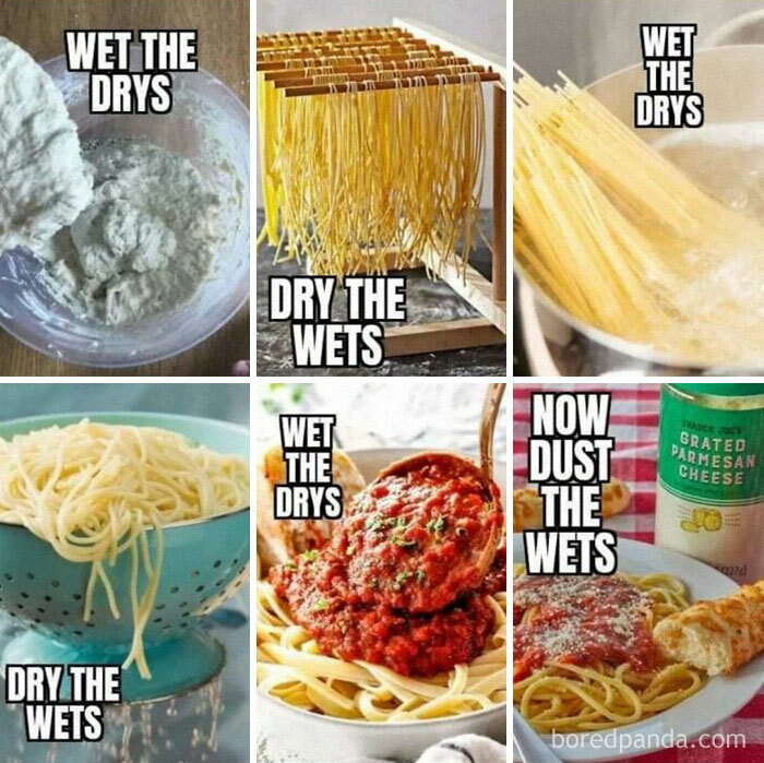 Cooking meme depicting pasta preparation with humorous text over each step.