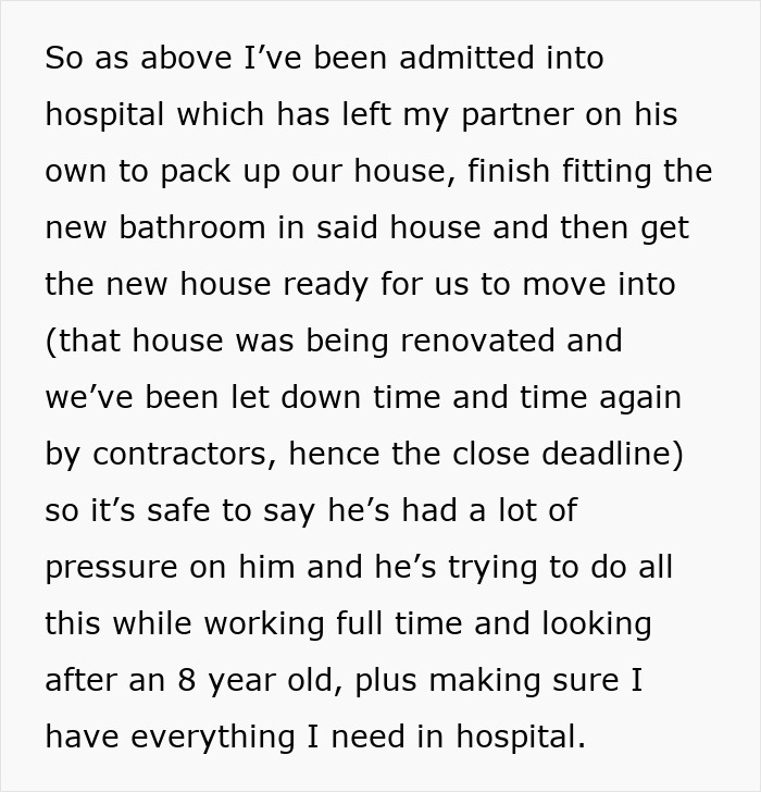 Man juggles full-time job and house move while wife is hospitalized; managing household and child under pressure.