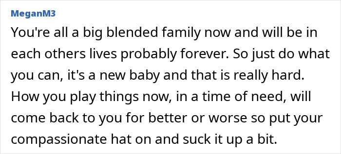 Text screenshot discussing a blended family, addressing new baby challenges.