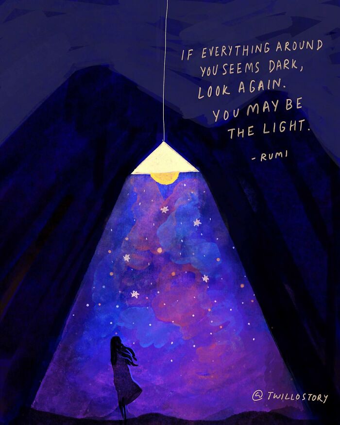 Illustration for mental wellness, showing a person under a starry sky with inspirational Rumi quote.