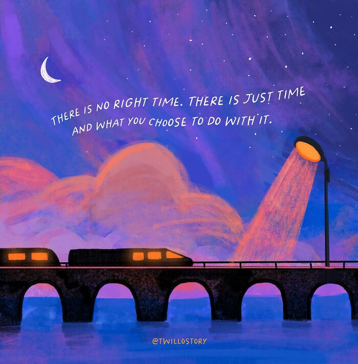 Illustration of a train on a bridge under a starlit sky, promoting positivity and mental wellness.