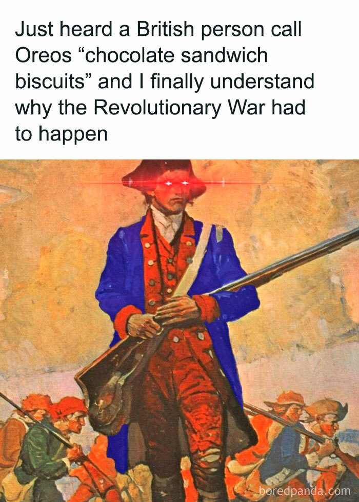 Revolutionary soldier meme with glowing eyes, showcasing cooking humor with Oreos described as chocolate sandwich biscuits.