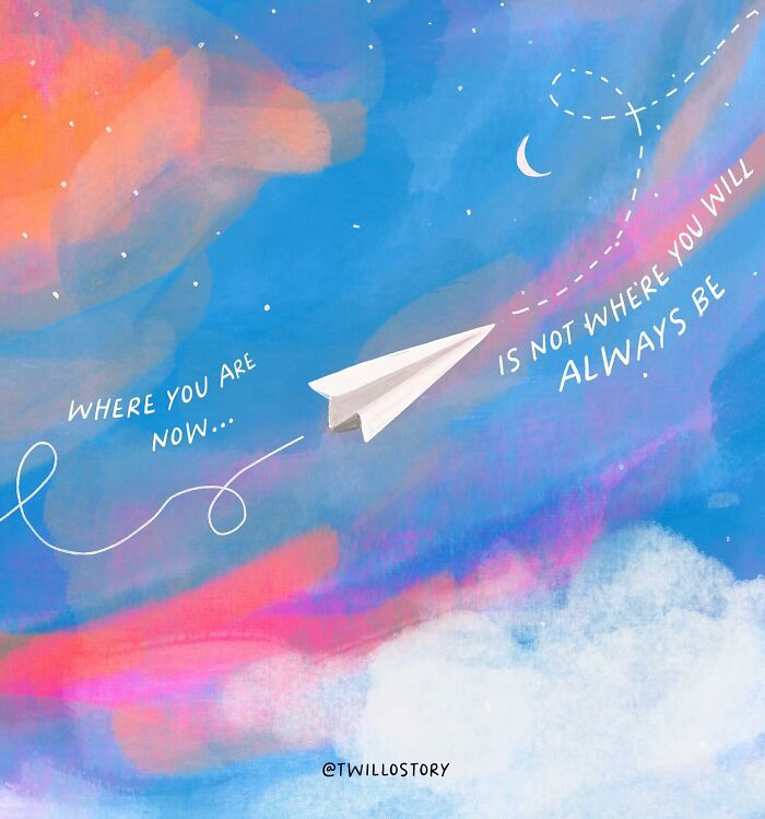 Illustration of a paper plane and uplifting message about mental wellness, set against a colorful sky.