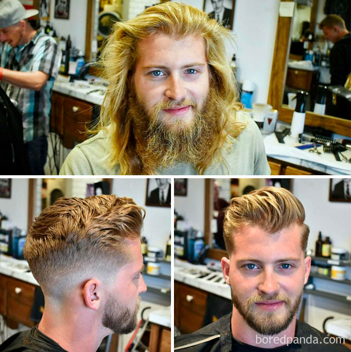 Man in barbershop with a long beard and hair in top image, transformed into clean-cut style in bottom images.