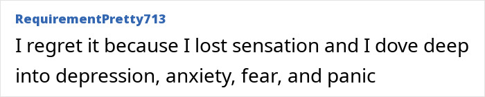 Text expressing regret after a procedure, mentioning loss of sensation and emotional struggles, linked to women’s experiences. 