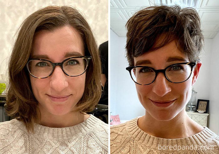 Before and after images of a woman who changed her haircut, showcasing a dramatic transformation with glasses.