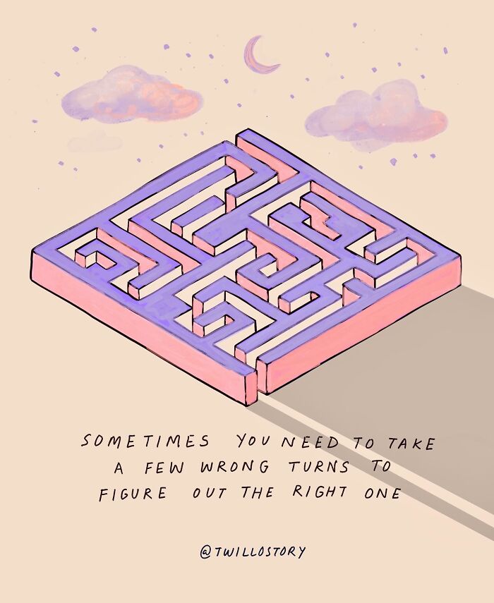 Illustration of a pink and purple maze with quote about finding the right path, promoting mental wellness and positivity.