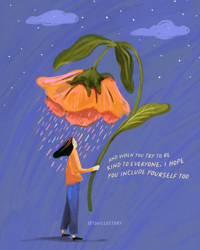 Illustration of a woman sheltered by a giant flower, promoting mental wellness and positivity with a quote about kindness.