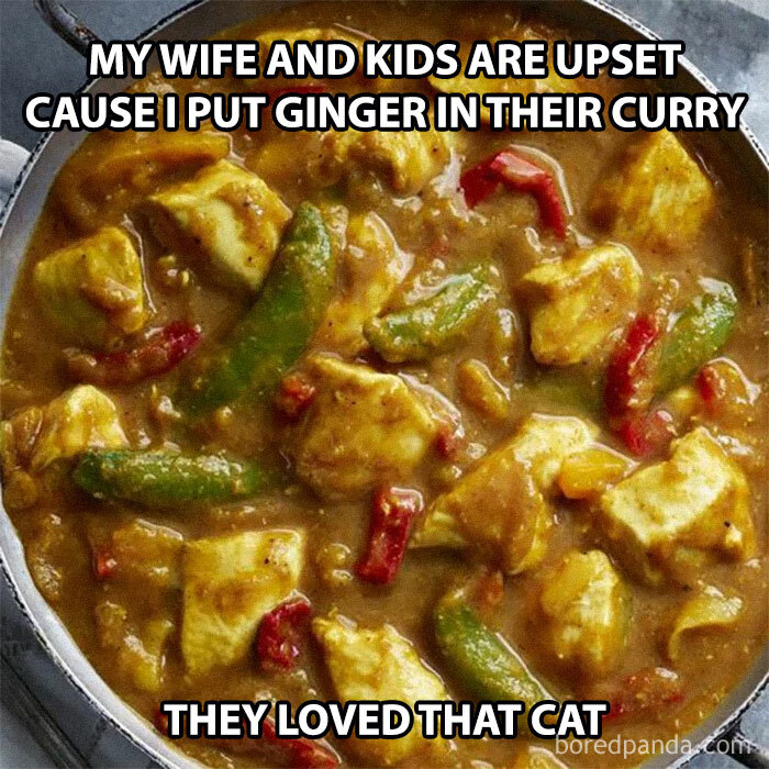 Cooking meme with curry text joke about adding ginger, a play on words with a humorous twist.