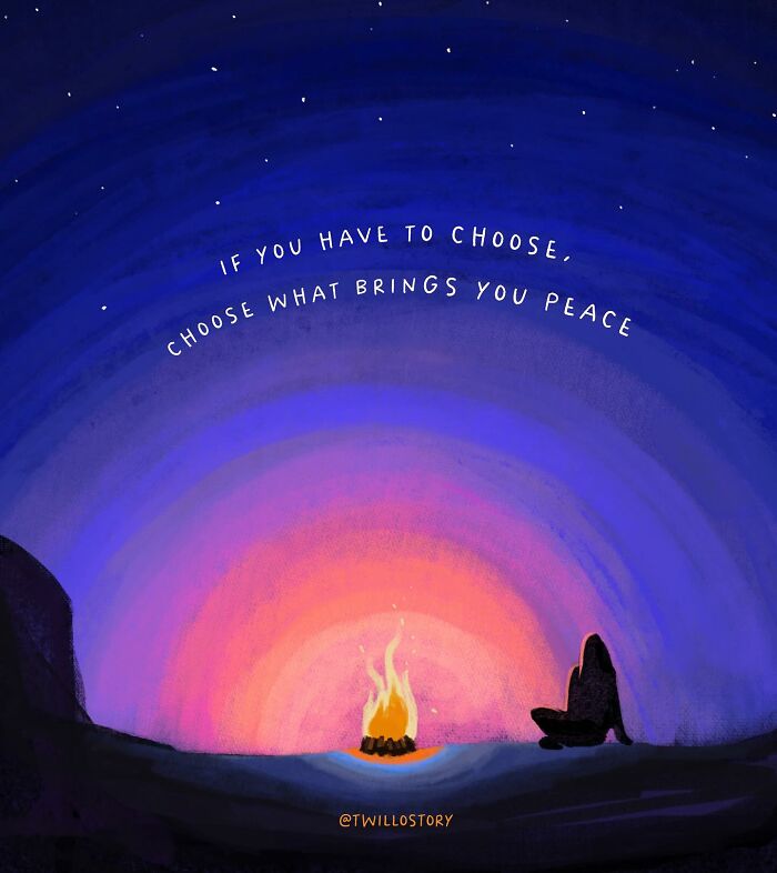 Silhouette by a campfire under a starry sky with quote promoting mental wellness and positivity.