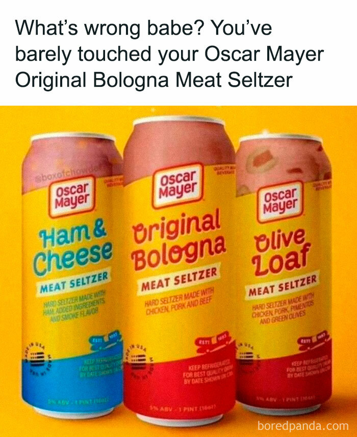 Three cans of Oscar Mayer Meat Seltzer in humorous flavors, appealing to those who love to cook.