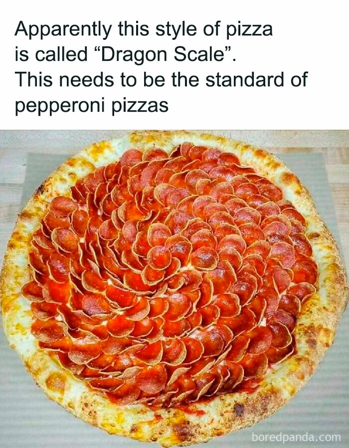 Pepperoni pizza arranged like dragon scales, humorously captioned for cooking enthusiasts.