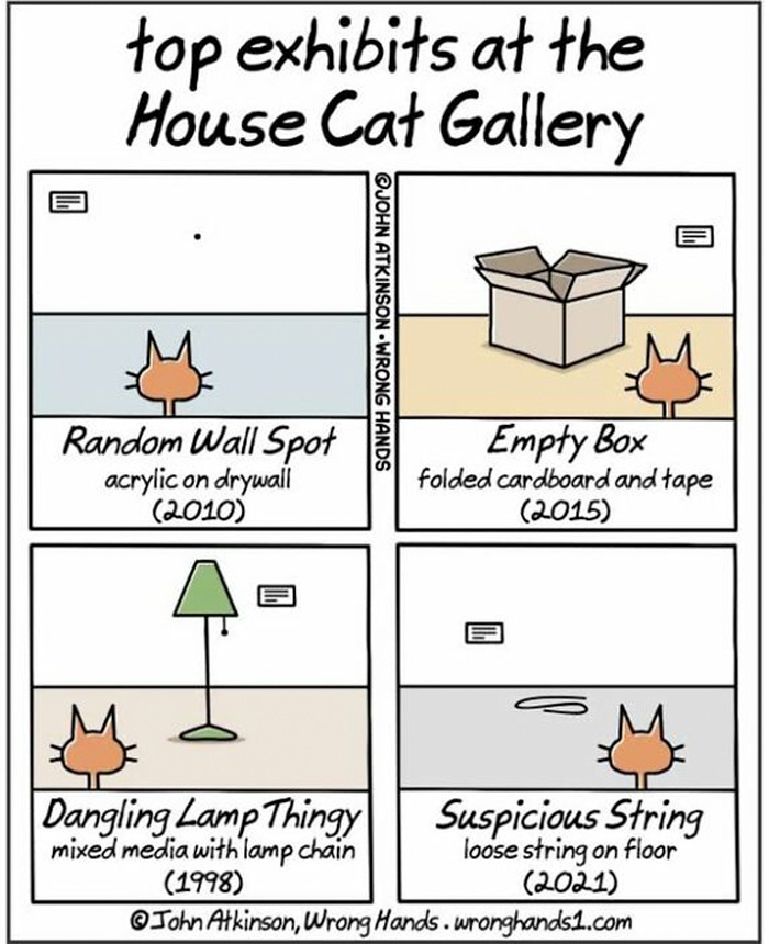 Comic by John Atkinson humorously depicting cats in an art gallery with four amusing exhibits.